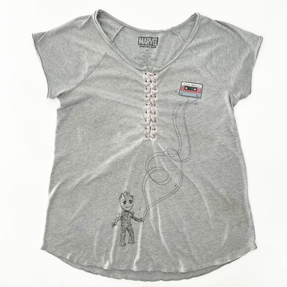 Marvel Women's Gray I Am‎ Groot Guardians of the Galaxy Lace Up T Shirt Top Sz M - Picture 1 of 3